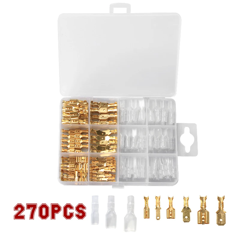 120/270Pcs 2.8/4.8/6.3mm Bare End Plug Spring Cold-Press Insulated Terminal Block Wire&Cable Connector Spade Terminal Kit box
