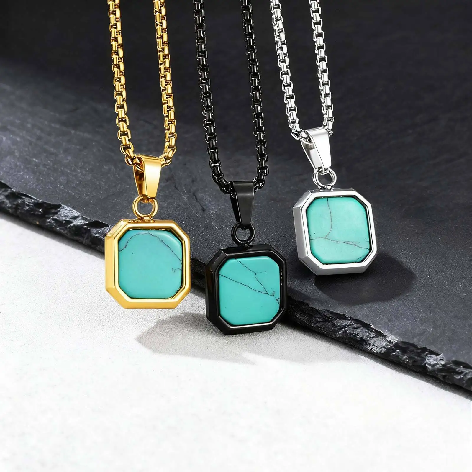 Natural Stone Square Pendant Necklace for Men Boys,Stainless Steel Turquoise Pendant,Jewelry Gift for Husband Dad Son BBF