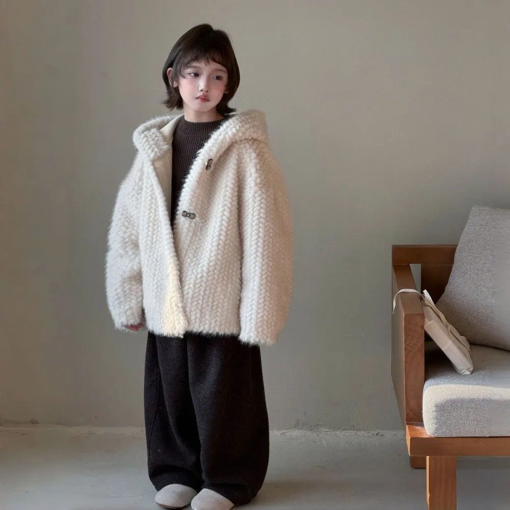 Korean Style New Kids Faux Fur Coat, Short Faux Mink Fur One Piece Hooded Outerwear Big Kids Parent-child Overcoat