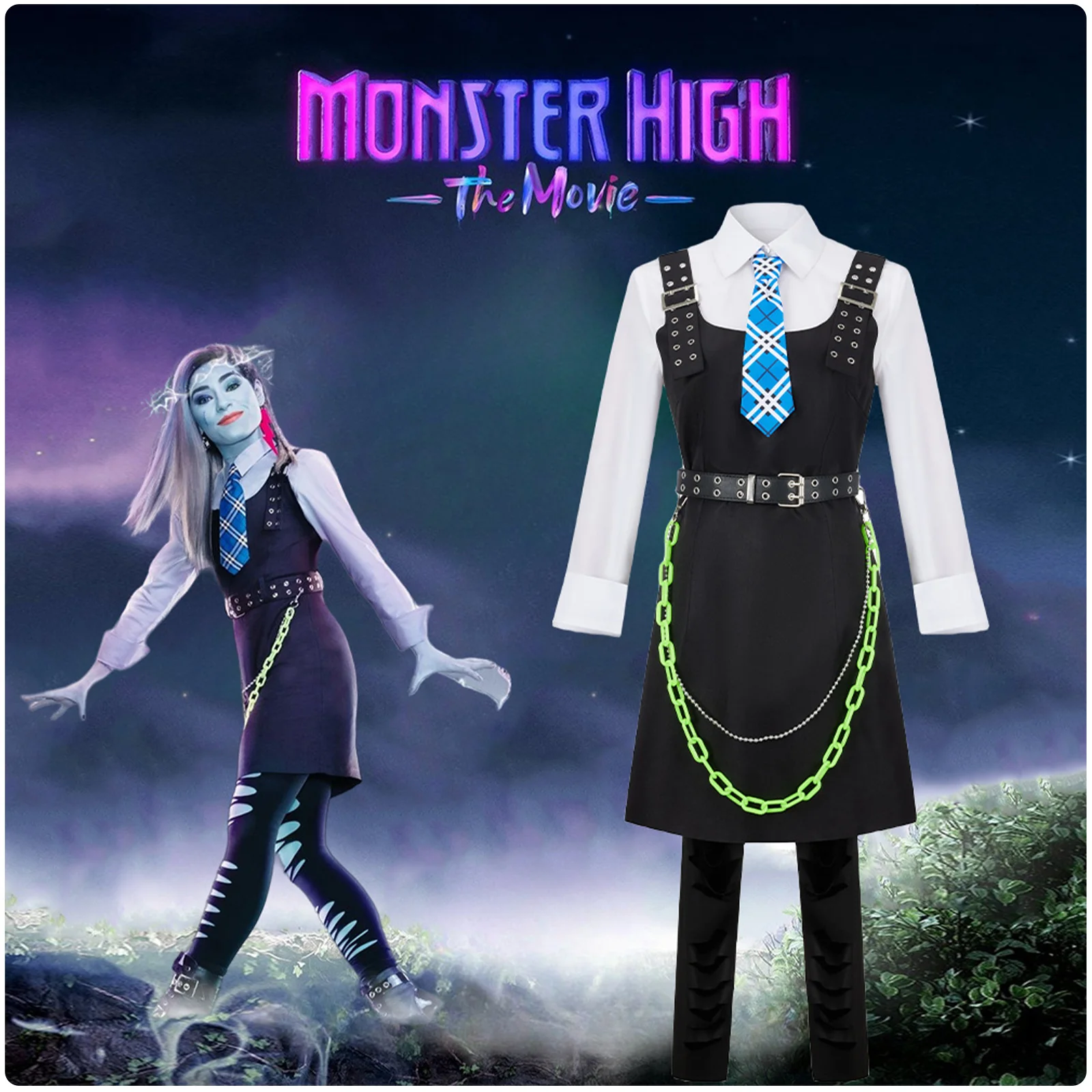 

Костюм для косплея Monster High, Френки штаны, аксессуары, платье на бретельках, платье для Хэллоуина, карнавала, ролевых игр