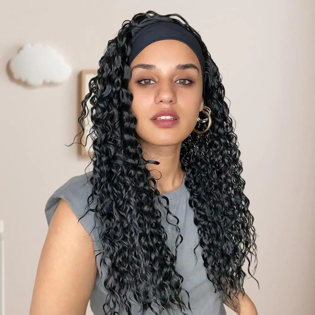 24-Inch Women Wig Fluffy Non-Tangle Tear-resistant Hairstyles Decor Black Color Water Curly Headband Human Hair Wig For Club