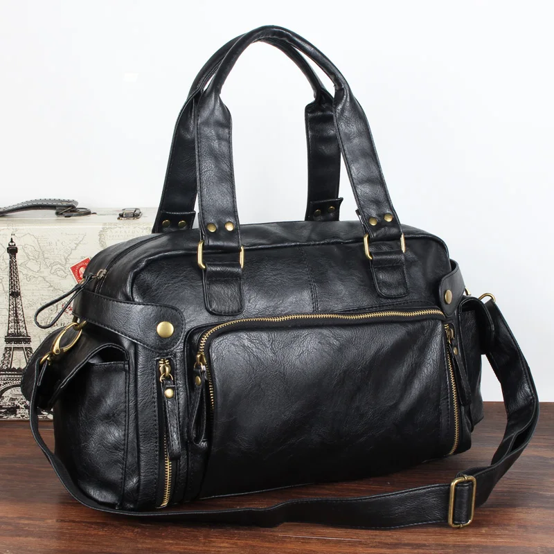 Casual Boston Handbag Men Luxury Design PU Leather Shoulder Bag Fashion Cool Large capacity Motorcycle Bag Travel Crossbody Bag view 5