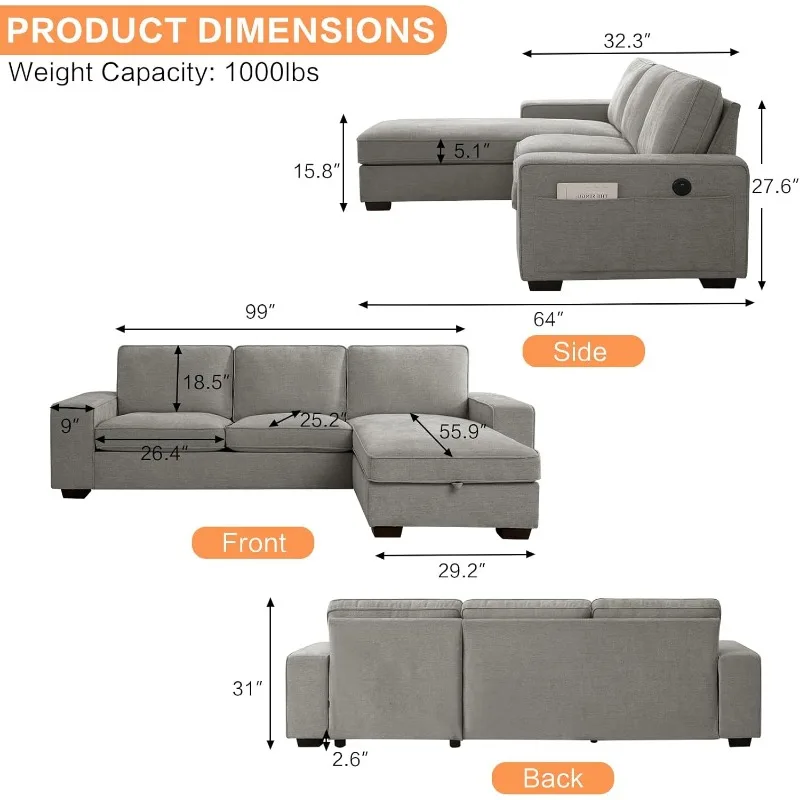 99" Convertible Sectional Sofa Couches for Living Room,Modern L Shaped Couch,Comfy Chenille Cloud Couch Sectional