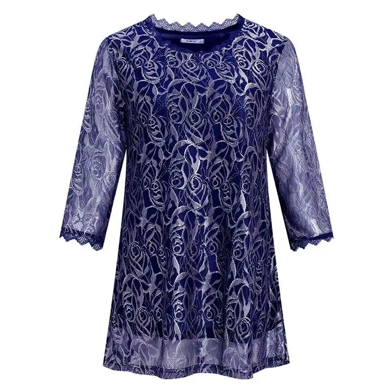 Vintage Elegant Fashion Floral Print Lace Patchwork Tunic Tops Blouses for Women Sexy Sheer Mesh O Neck Loose 3/4 Sleeve Shirts