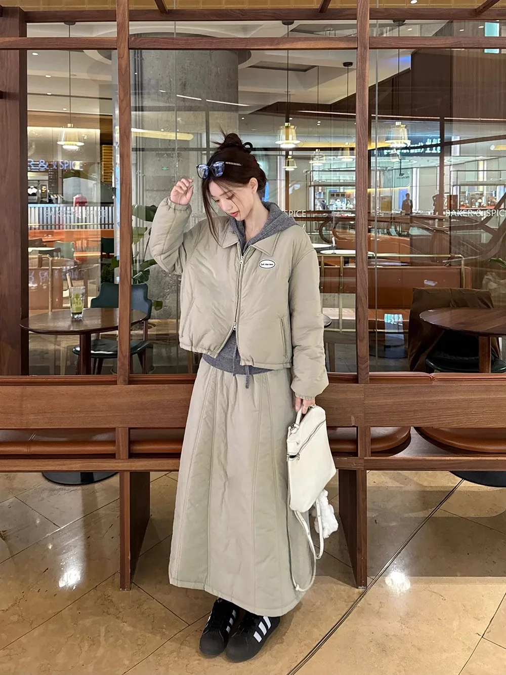 

Korean Fashion Fall and Winter New Women 3 Piece Skirt Sets Causal Loose Padded Jacket + High Waist A Line Long Skirt + Hoodies