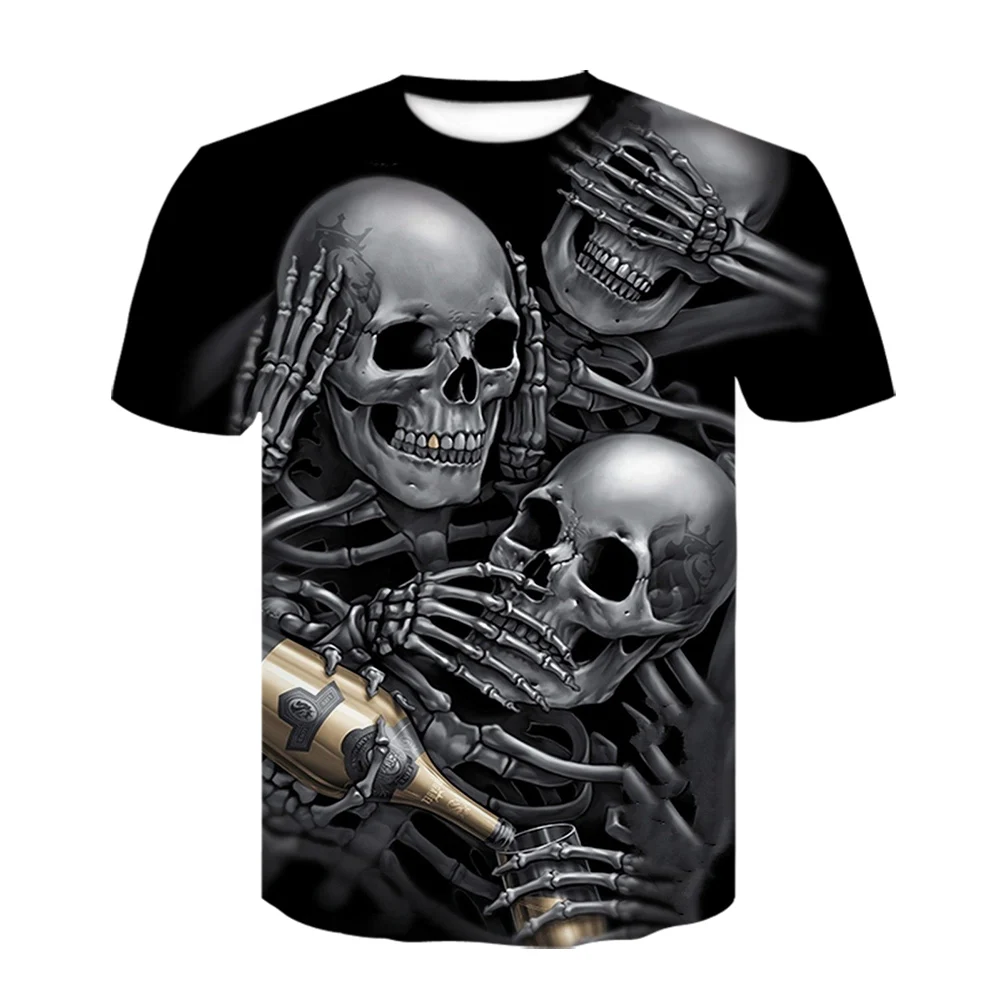 Camiseta masculina de caveira de terror estampada em 3D, blusa confortável, tamanho grande, casual, tendência de rua, personalidade moda verão