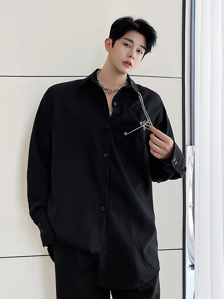 Shirts Men's With Metal Pendant Spring Trendy Loose fit Lapel Single Brasted Blouse 2022 New Casual Clothing 2A0225