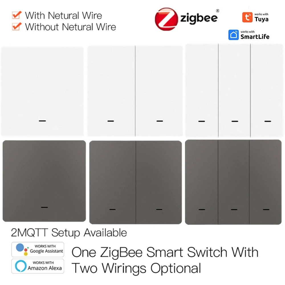 Tuya ZigBee Smart Light Switch No Neutral Wire No Capacitor Needed Smart Life App 1/2/3 Gang Smart Home Via Alexa Google Home