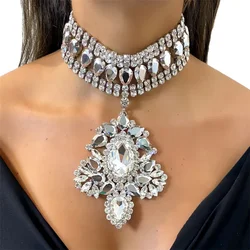 Luxury Exaggeration Multilayer Rhinestone Chunky Chain Heavy Crystal Choker Statement Necklaces for Women Charm Pendant Jewelry