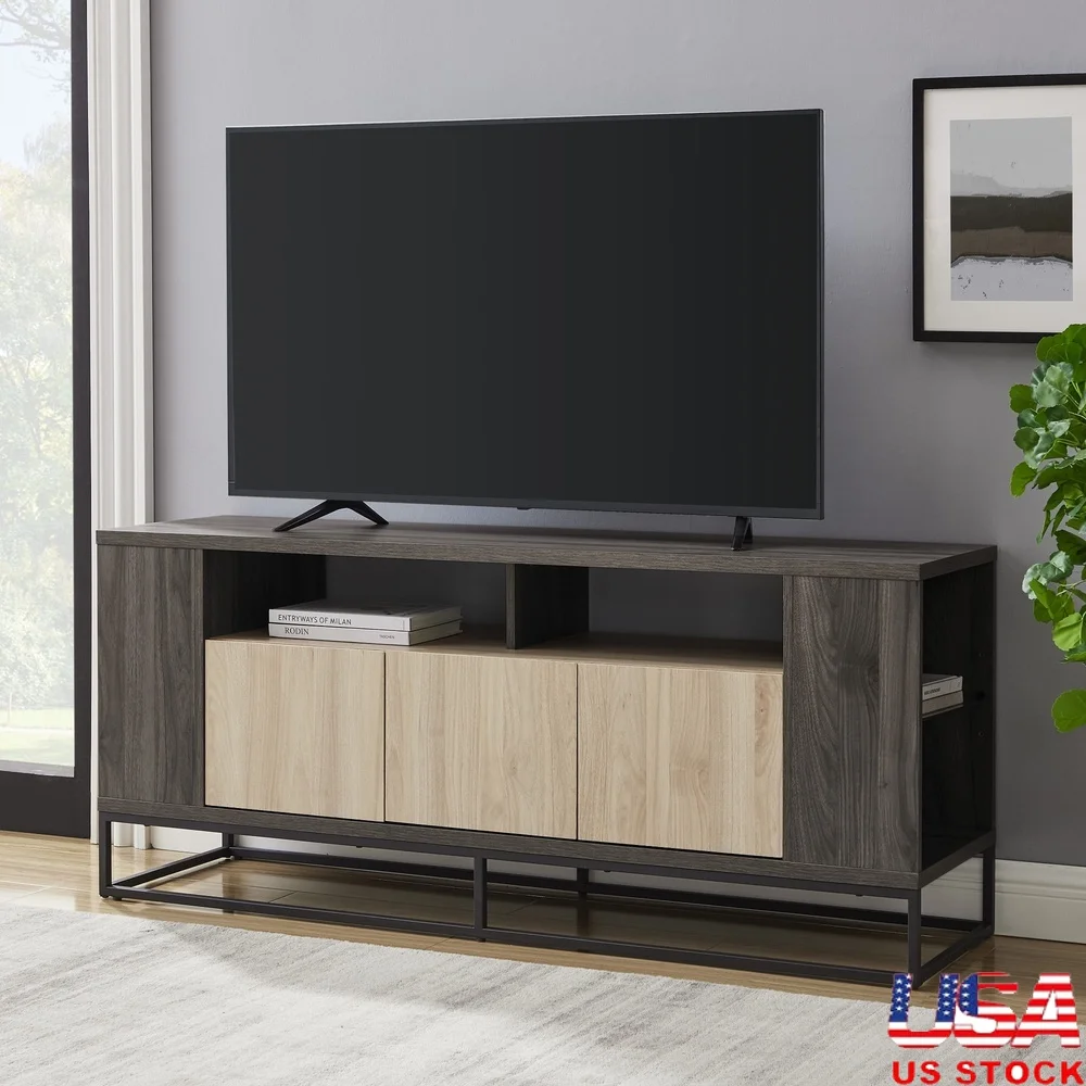

Contemporary TV Stand 65 Inch TVs with Soft Close Doors Adjustable Glass Shelves and Open Cubbies Media Storage