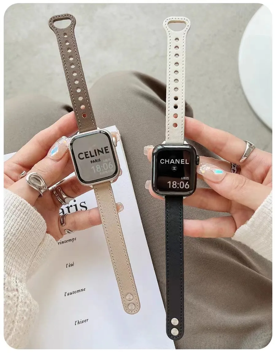 Bracelet en cuir fin pour Apple Watch, 7 8SE 6 5 4 38/42 40/44mm, pour iWatch 49Ultra 3 2 1 41/45mm, double clou
