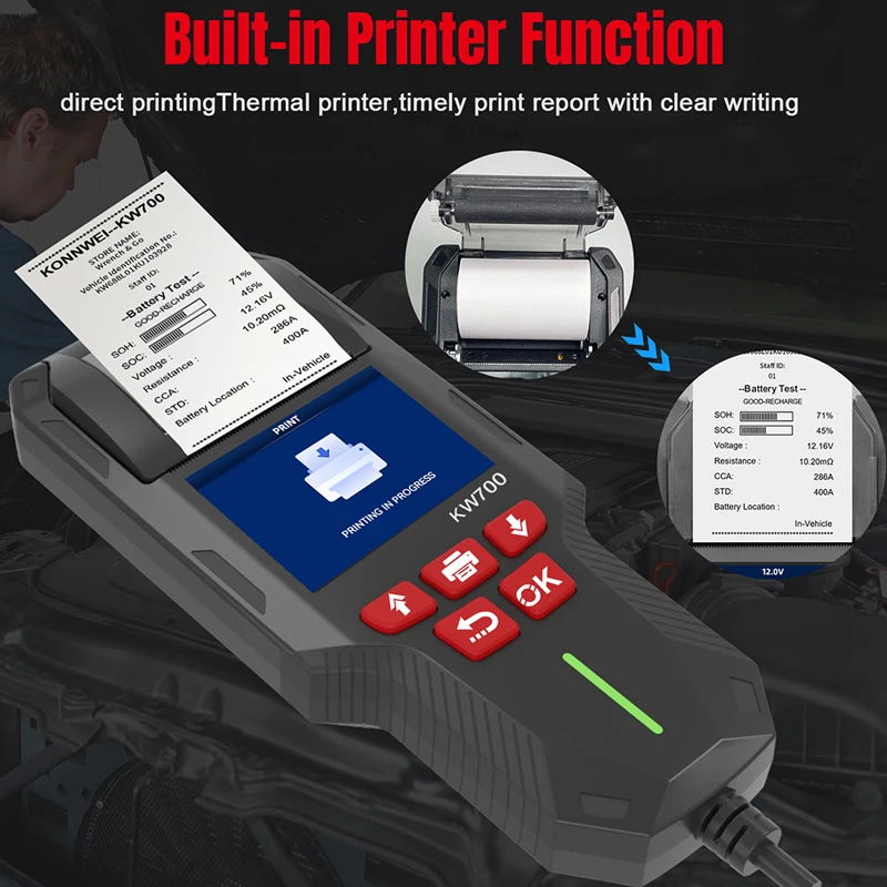 KONNWEI KW700 12V 24V Battery Tester With Printer Cranking Charging Test Tools 10-2000CCA Battery Test Diagnostic-Tool