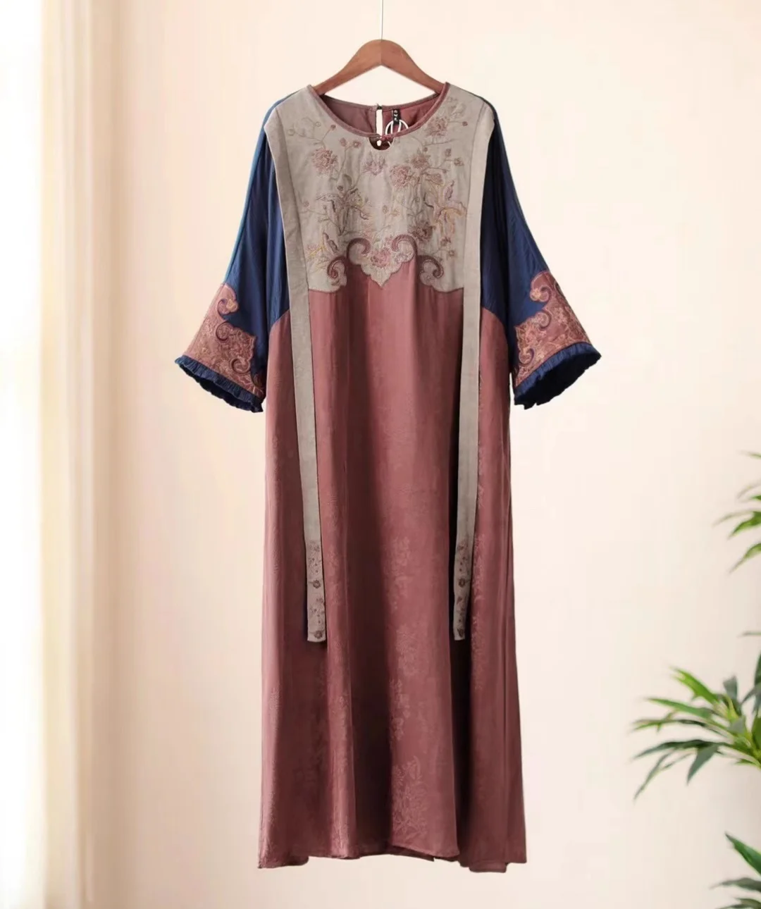 TOP Natural silk women clothes National style jacquard patchwork loose long dresses Vintage embroidery linen robe spring dresses