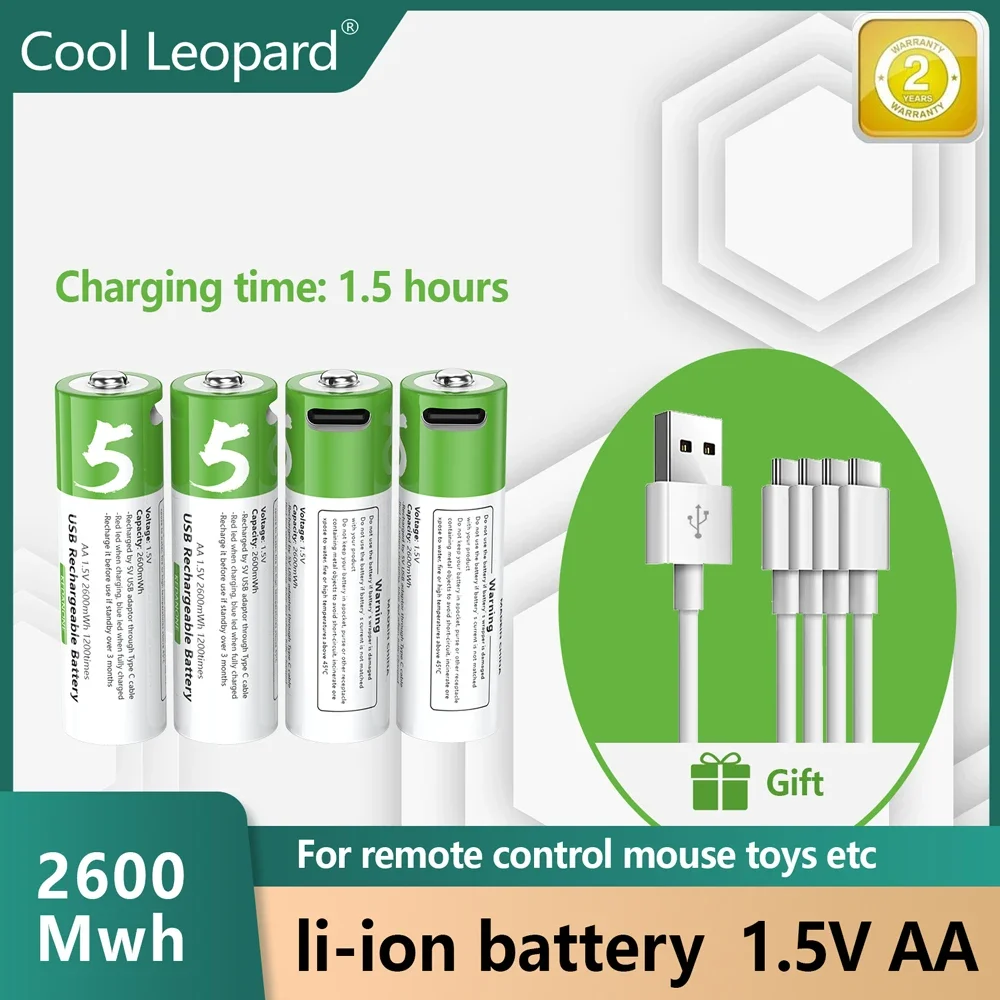 USB AA Rechargeable Batteries 1.5V 2600mAh Li-ion battery for remote control mouseElectric toy battery + Type-C Cable