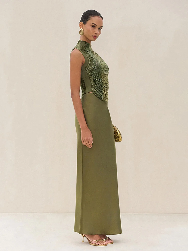 Women Green Long Skirt Two Piece Sets Sexy Sleeveless Lustrous Tassel Bandage Top + Slim Skirt Suits Evening Party Cocktail Sets