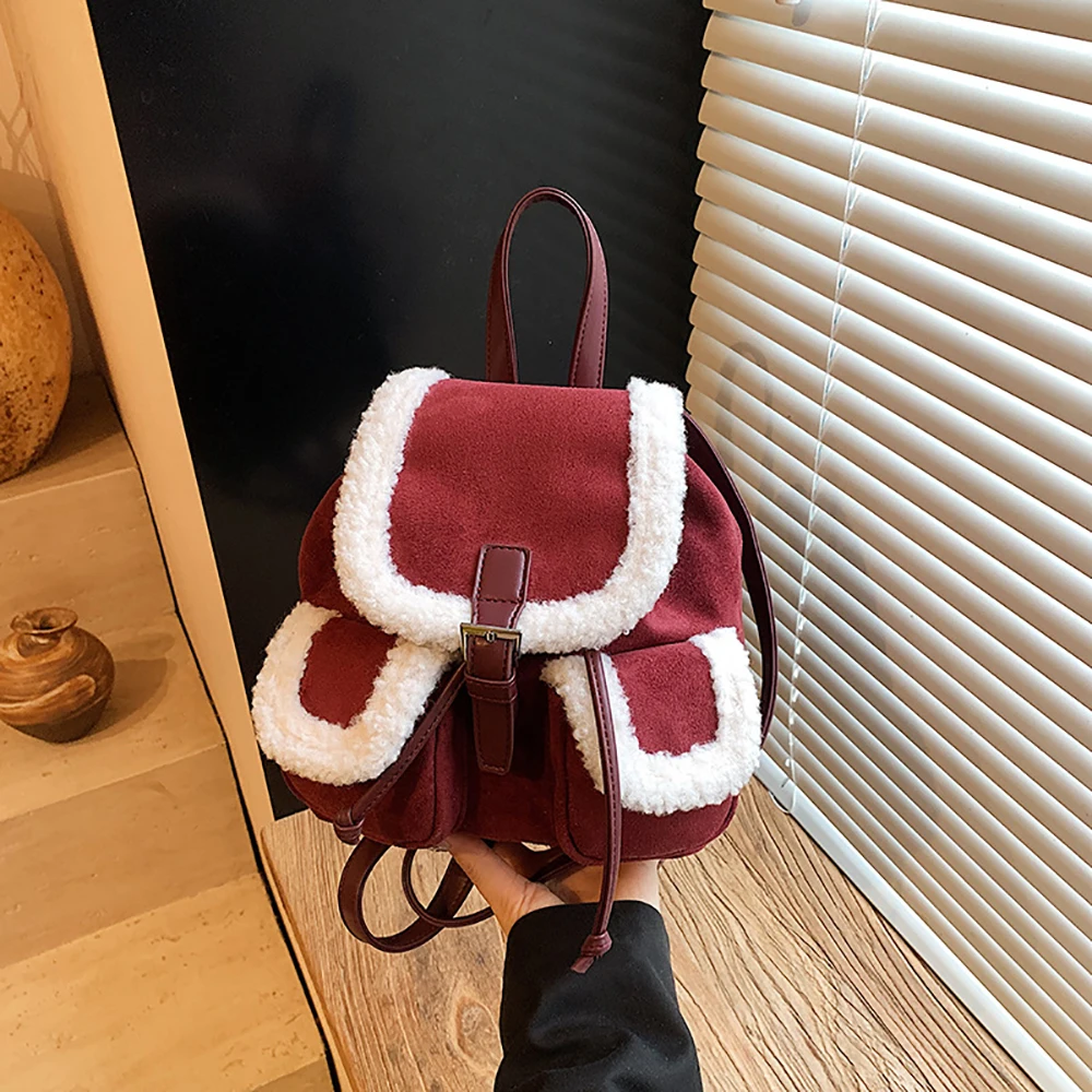 

Suede Lambswool Patchwork Backpack for Ladies Casual All-Match Soft Handle Versatile Shoulder Bags Daily Work Commute Backpacks