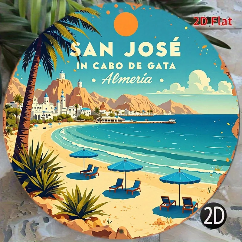 Placa Redonda de Alumínio de 8 Polegadas, Design Cabo De Gata San Jose Beach com Guarda-Sol e Palmeira, Arte de Parede Plana 2D para Porta da Frente ou Hall de Entrada