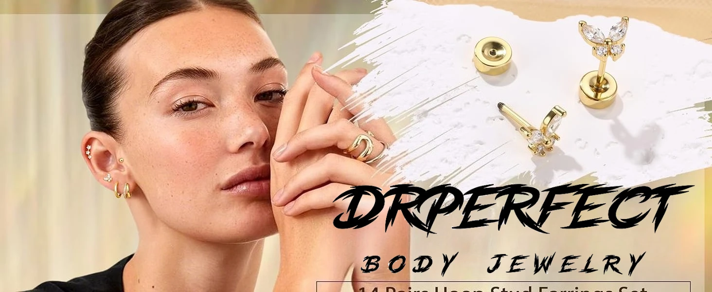 Drperfect Flache Ohrringe 14K Vergoldet Knorpel-Ohrring-Sets Chirurgenstahl-Ohrringe für Frauen Hoop Stacks Piercing-Schmuck – Detail 1