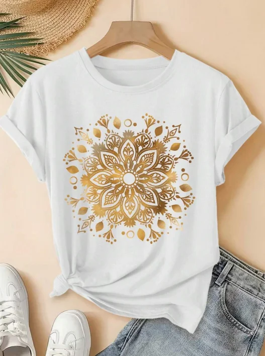 2026 Fashion New Plus Size Golden Mandala Print Stretchy Non Sheer Summer Casual Short Sleeve Basic Top Tee