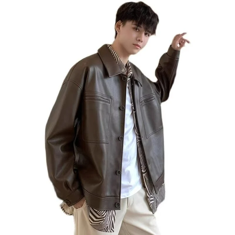 سترة رجالية من جلد البولي يوريثان بتصميم هونج كونج بتصميم كلاسيكي فضفاض مناسب لراكبي الدراجات النارية مع طية صدر السترة ملابس خارجية عصرية للربيع والخريف #5