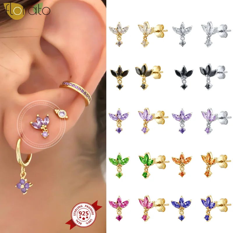 

YUXINTOME Minimalist Cute 925 Sterling Silver Ear Needle Stud Earrings for Women Luxury Colorful Three Zircon Earrings Jewelry