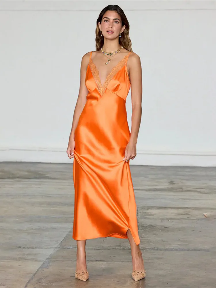 Absobe Damen Sexy Spitze Patchwork Satin Maxi Slip Kleid Tiefer V-Ausschnitt Sexy Rückenfrei Ärmellos Kontrast Schlank Langes Kleid Partywear