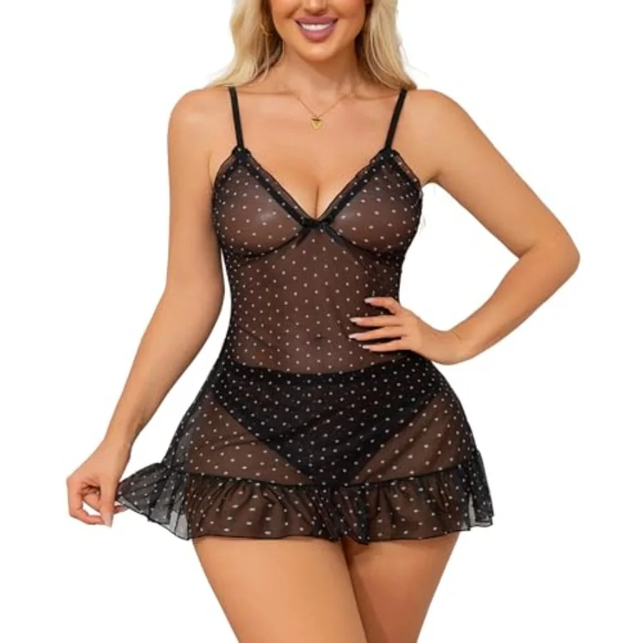 

Women's Sexy Mesh Sheer Lingerie Babydoll Dress Chemise Sleepwear Polka Dots Print Nightgown with Thong