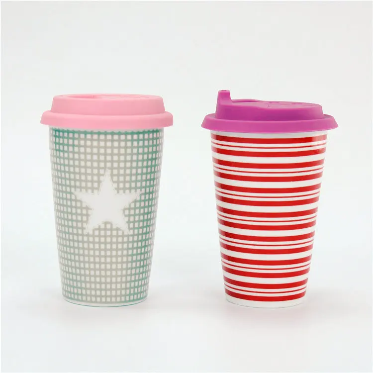 Colorful Handless Custom 300ml Ceramic Tumbler Travel Mug With Silicone Lid