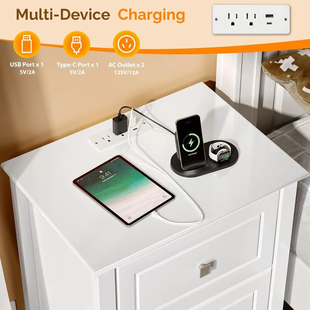 

18.9" W White Nightstand Set of 2 with Charging Station, Night Stands White Bedside Table, Wooden, Customized