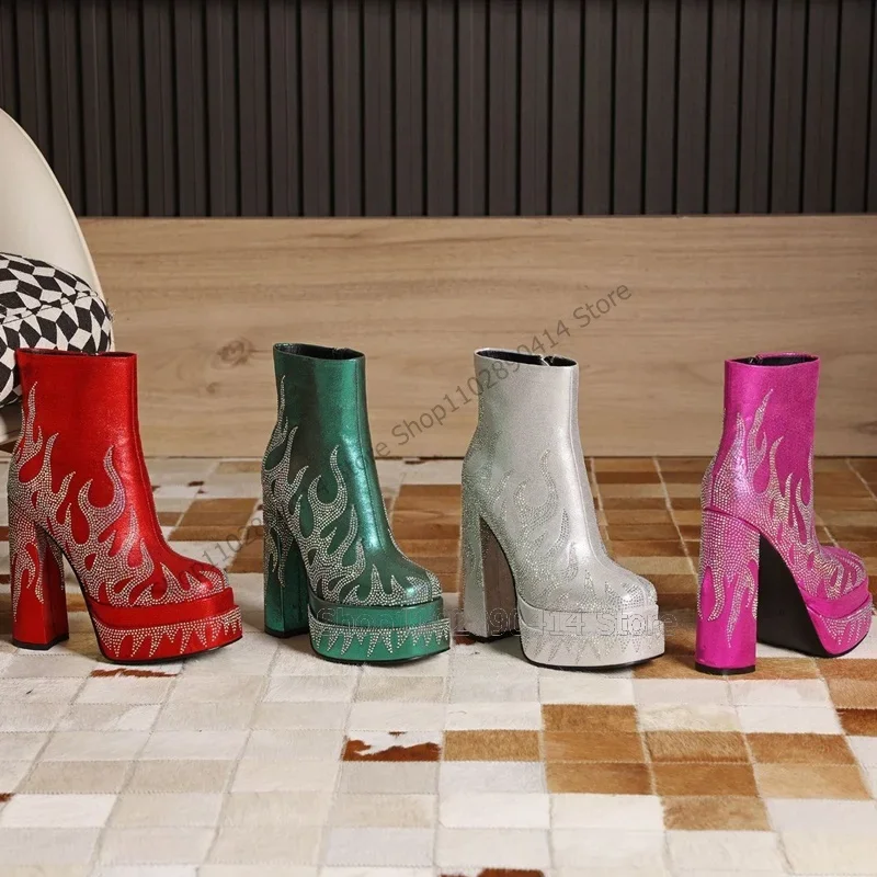 

Multi Colors Crystal Totem Design Platform Boots Side Zipper Women Shoes Chunky High Heels Square Toe 2023 Zapatos Para Mujere