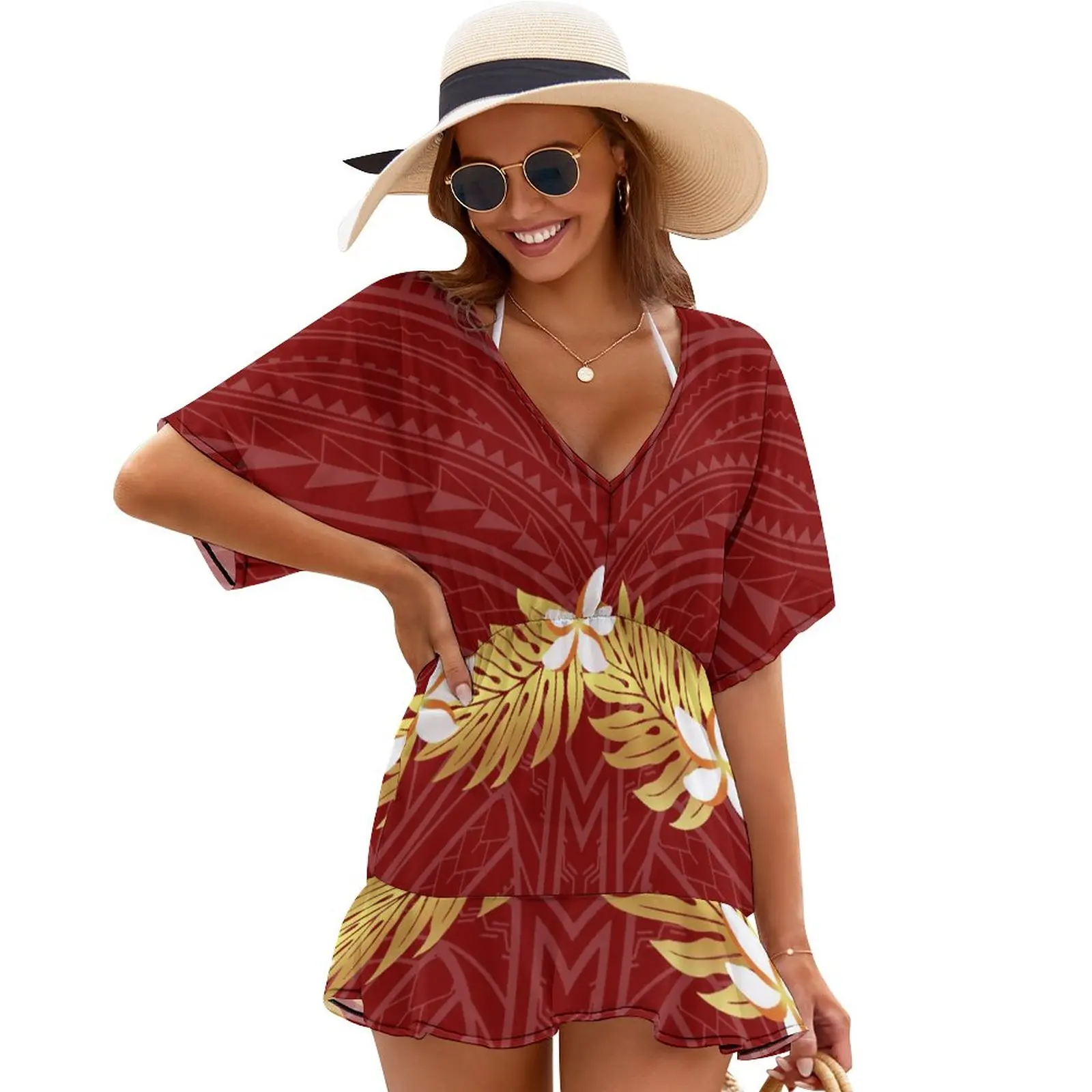 

2023 Summer Polynesian Ladies Sexy Low-Cut Sarong Smock Skirt Beach Bikini Smock Skirt Sun Protection Custom