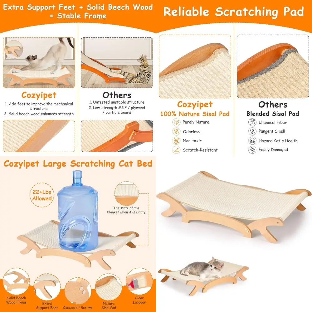 

Large Wooden Cat Scratcher with Hammock, Clear Coating, 26.3x16.1 for Scratching and Napping