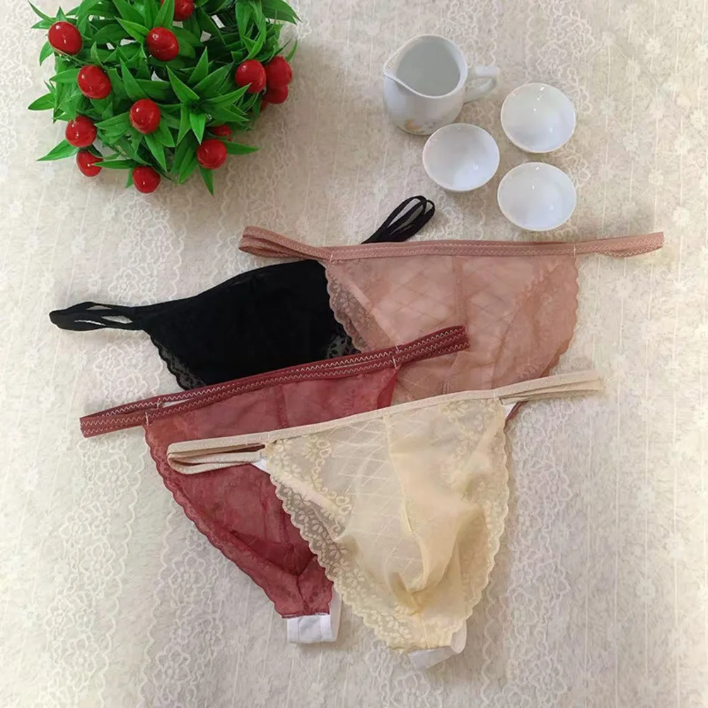 Men's Sexy Lace Thong Seamless Transparent Underwear U Convex Pouch Panties See Through Lingerie Crossdressing Sissy Underpants
