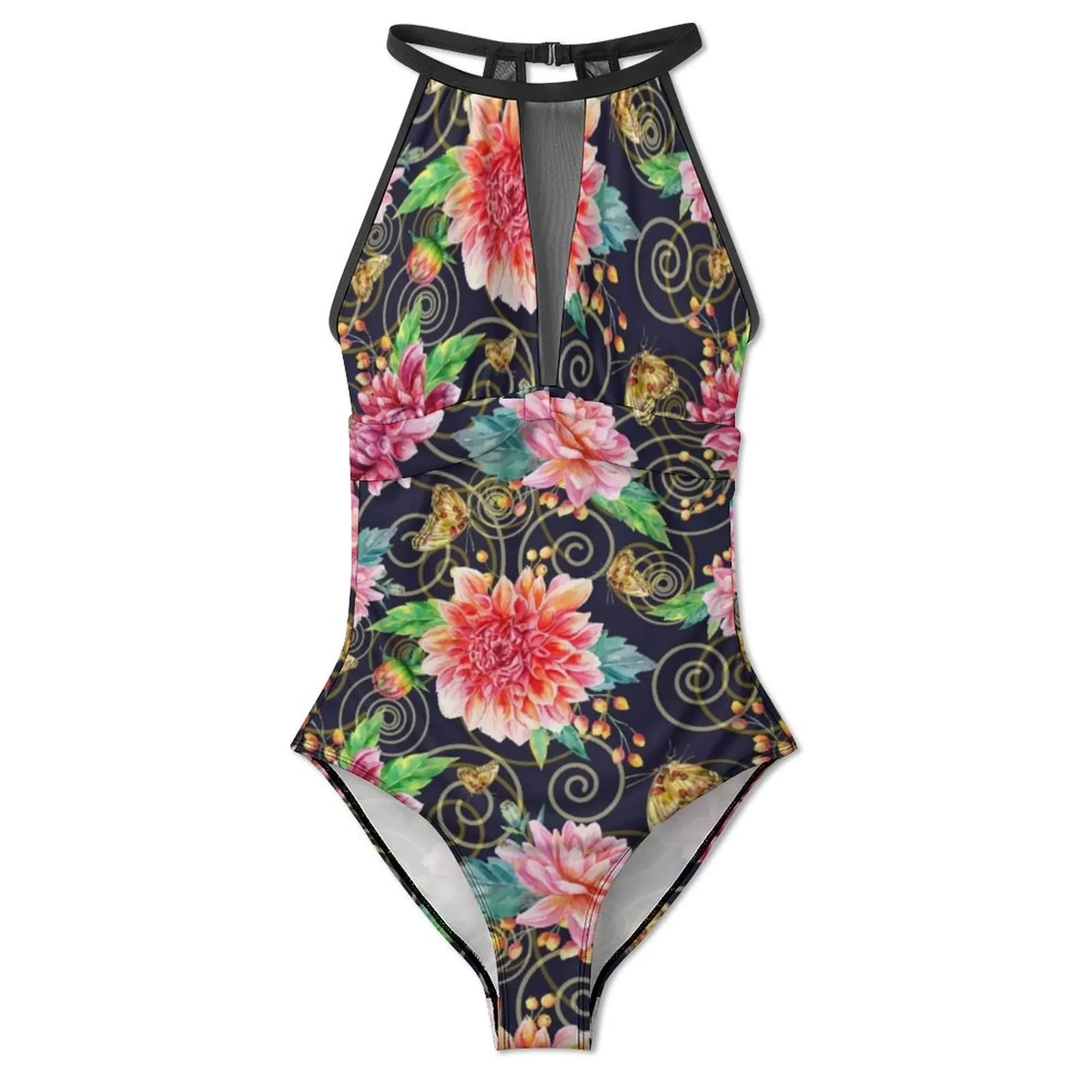 Baroque Style Swimsuit Sexy Dahlia Flowers Print One Piece Swimwear Push Up Bodysuit Elegant Fitness Bathing Suits