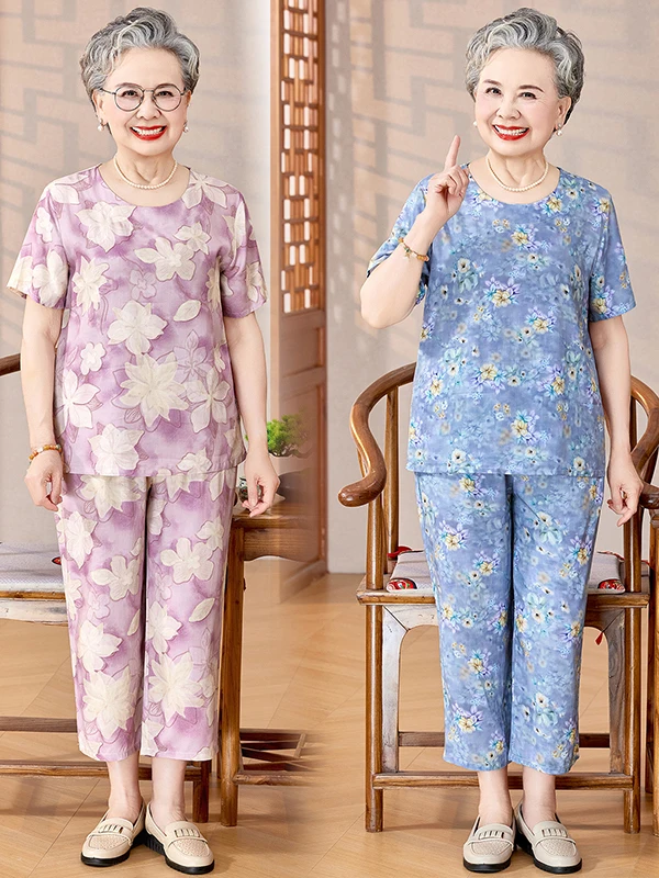 

Loose Large Size Summer Outfit for Middle-Aged And Elderly Women Cotton Silk Printed Short Sleeve T-Shirt And Eight-Piece Pants
