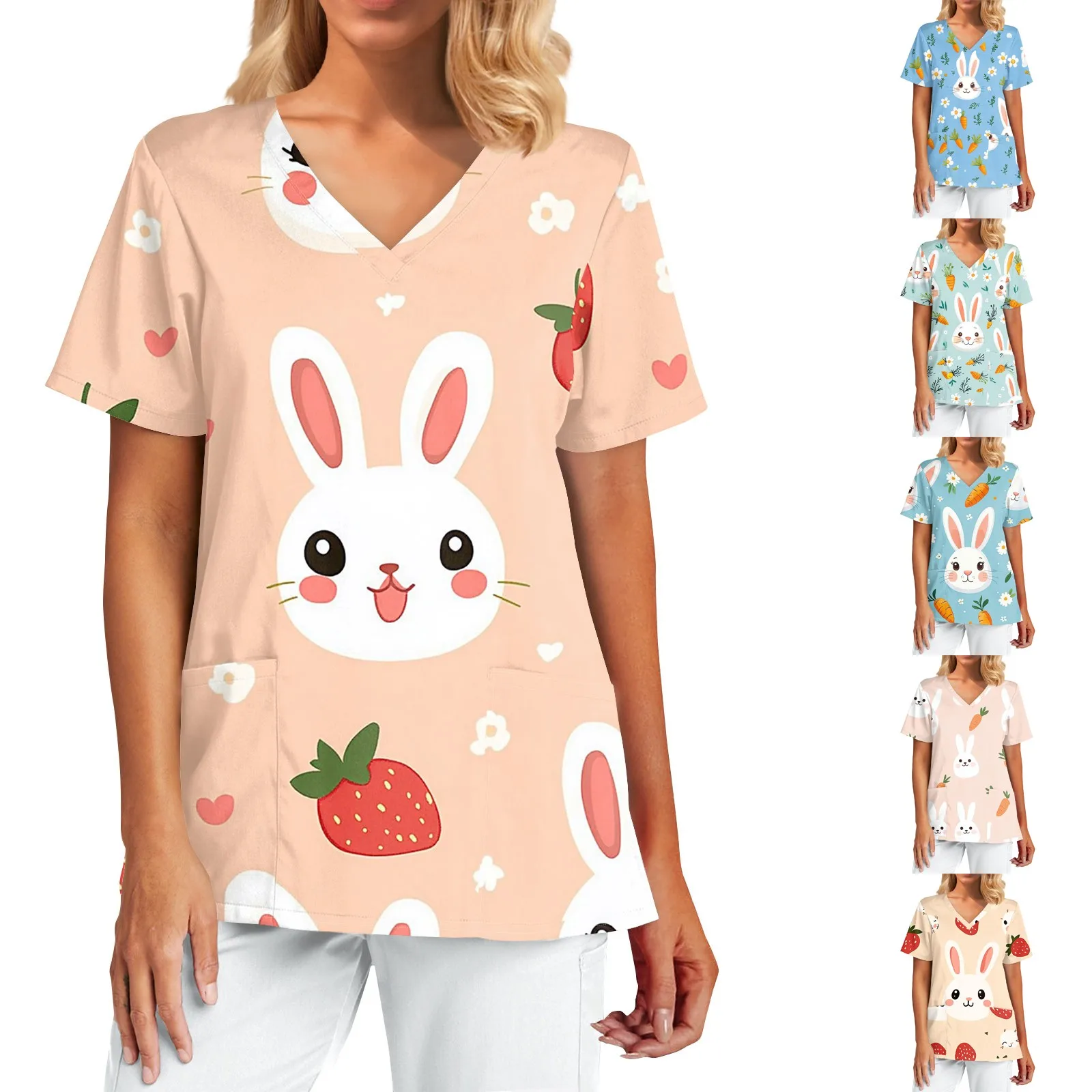 Uniformes femininos médicos coelhinho da páscoa dos desenhos animados impressão obstetrícia enfermagem topos com decote em v manga curta camisetas pet médico esfrega para mulher