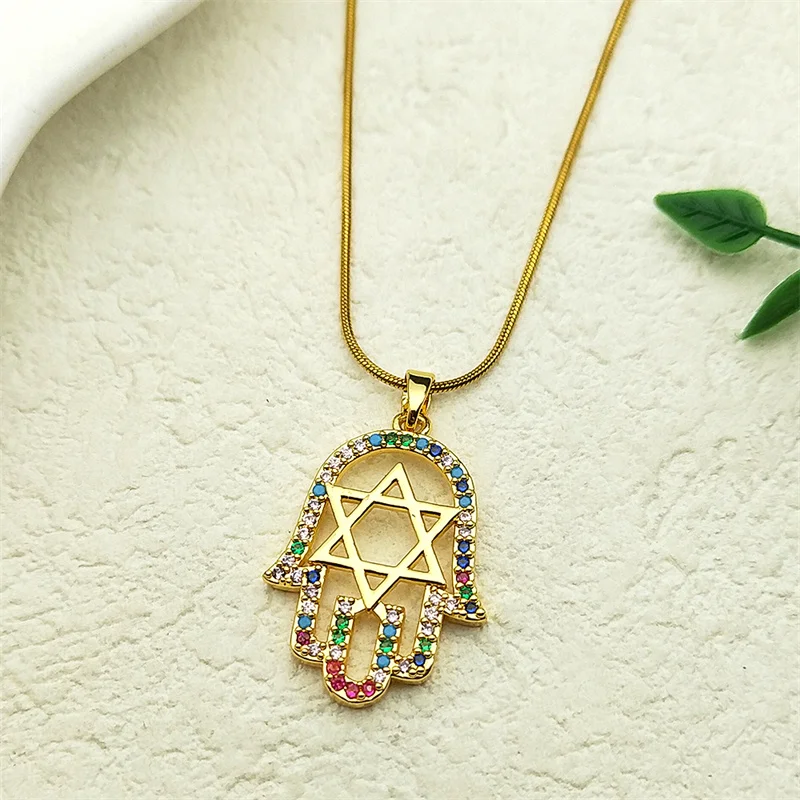 Bunte Kristall-Davidstern-Hamsa-Hand-Kupferanhänger-Halsketten für Damen, Edelstahl-Fatima-Hand-Amulett-Schmuckgeschenk ﻿ – Detail 7