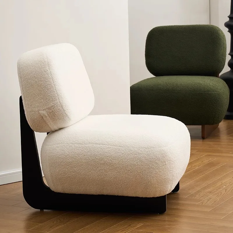 Mid-Century Cream Single Sofa Chair, Solid Wood Lamb Wool Armchair, Retro Leisure Chair for Living Room Bedroom