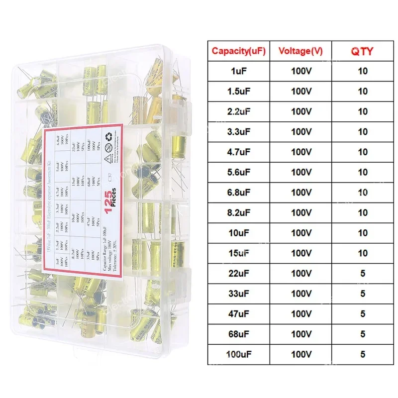 125Pcs 15Value NP Electrodeless Speaker Audio Capacitor 100V 1uF-100uF Non Polarity Frequency Crossover Assoeted kit
