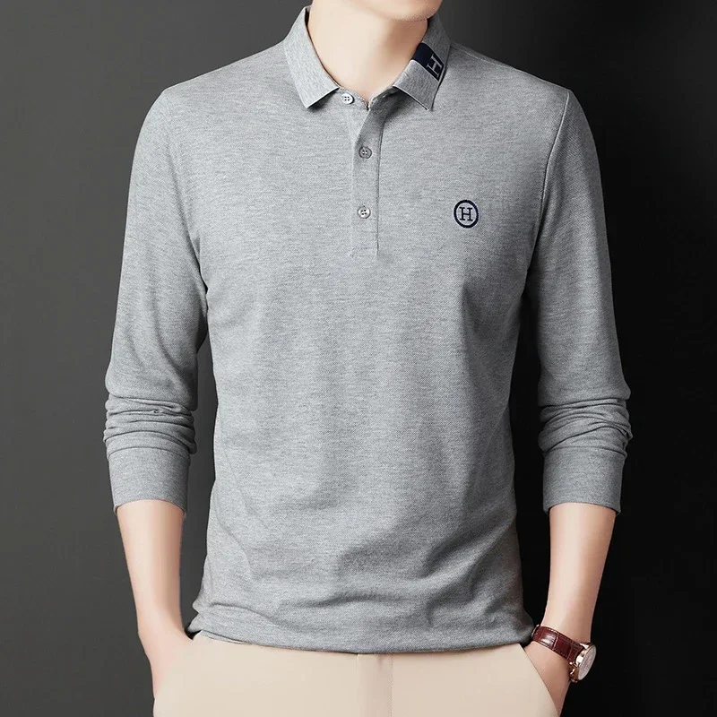 New Men's Casual Embroidery Long Sleeve Polo Shirt Fashion Solid Color Top