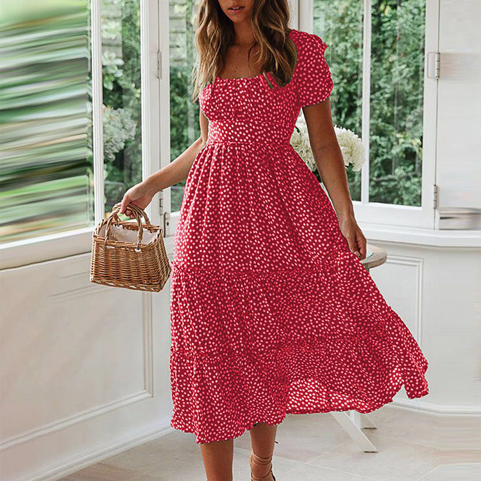 

Summer Woman Floral Print Dress Fashion Casual Elegant Short Sleeve Dress Square Collar Beach Party Long Dress For Women Robe