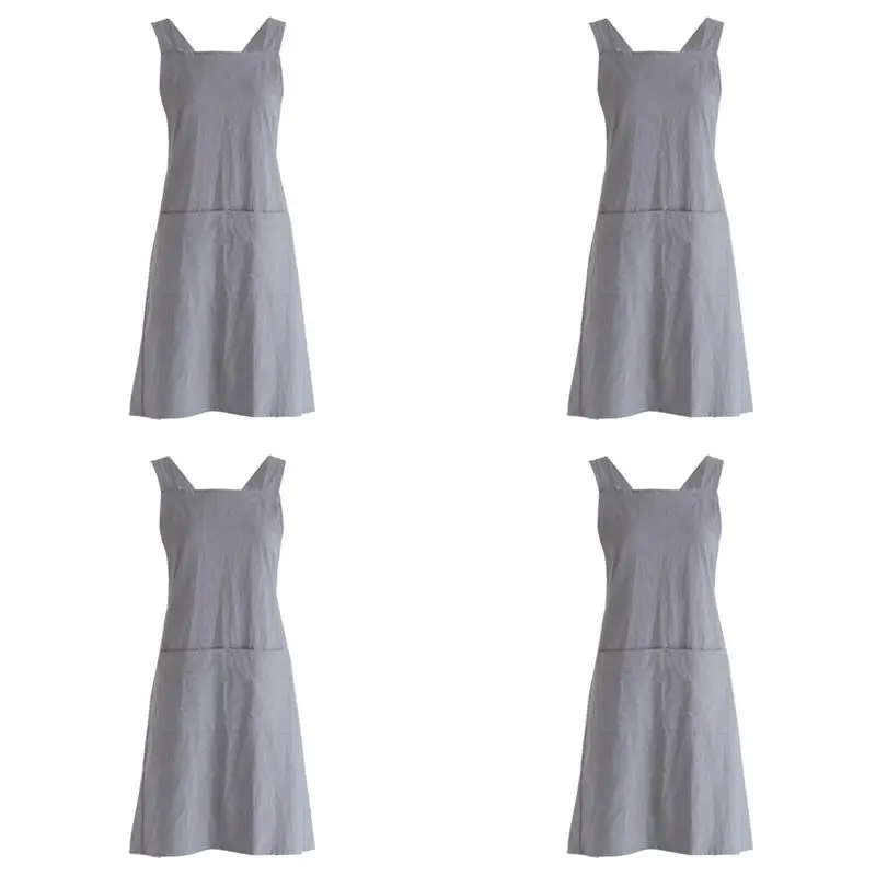 

4X Linen Cross Back Cooking Apron Suitable For Ladies And Men With Pockets Cute Suitable For Baking Kitchen-ABYA