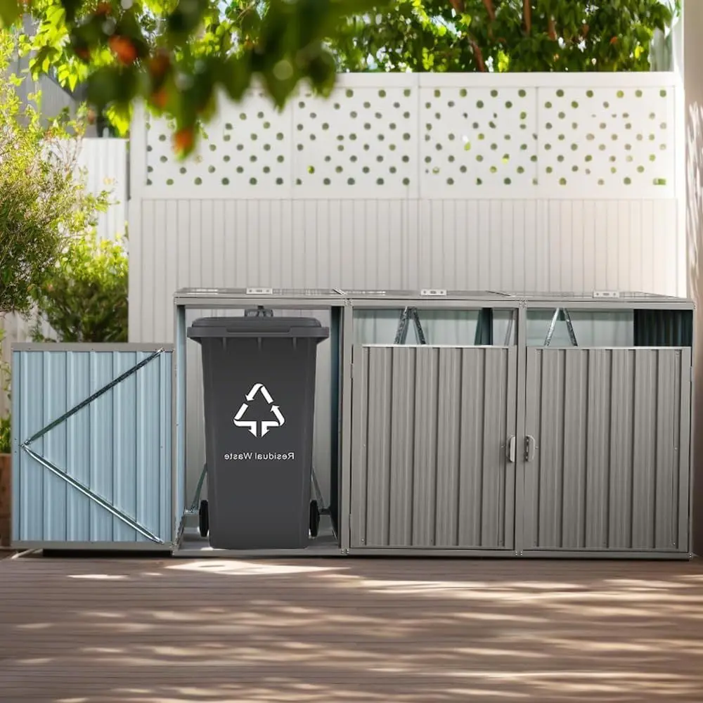 

Secure Outdoor Trash Bin Storage Cabinet for Backyard and Patio, Lockable, Light Grey Metal Shed