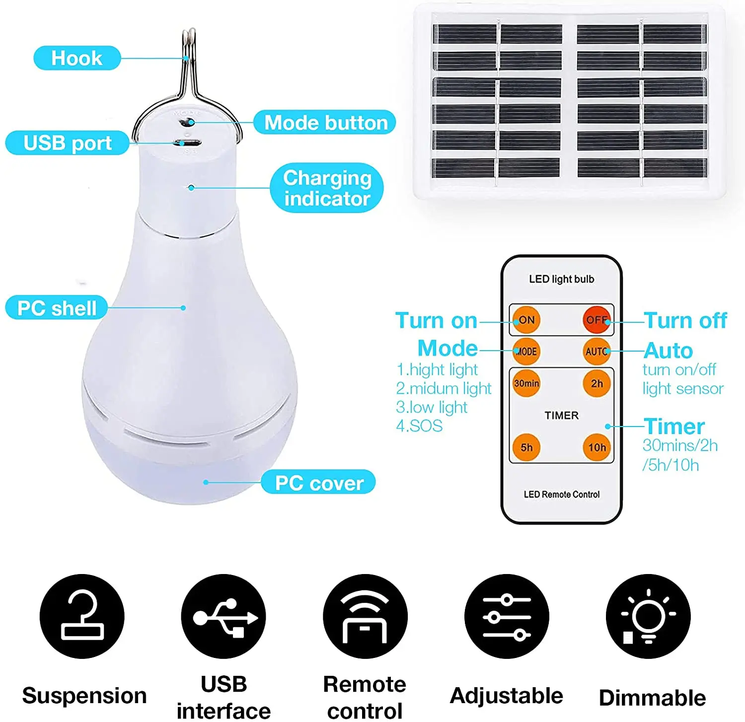 LED Solar Bulb Licht IP55 7W 9W Outdoor 5V USB Opgeladen Hangende Noodzonnlicht Aangedreven Lamp Draagbare Krachtige Binnenhuis