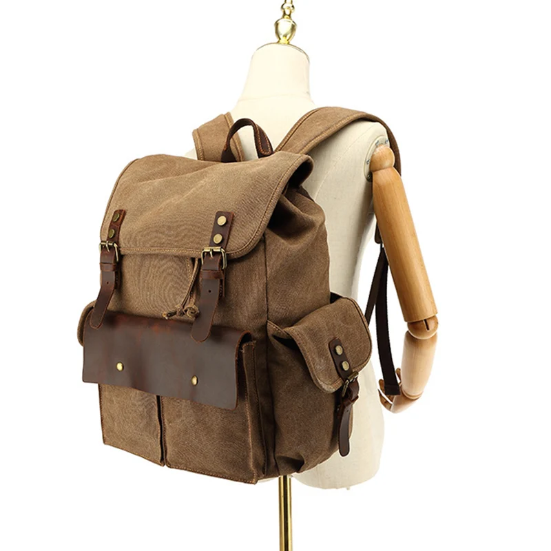 Spacious Drawstring Flap Rucksack Double Shoulder Bag Vintage Brown Canvas Backpack with Genuine Crazy Horse Leather Trim