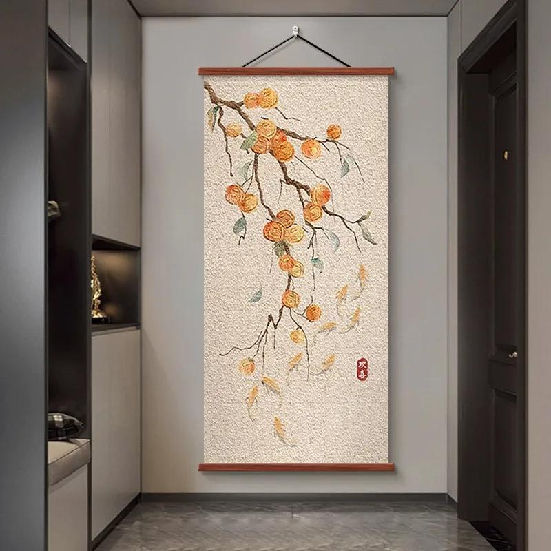 New Chinese Style Persimmon Scroll Wall Art - Traditional Auspicious Painting for Living Room, Bedroom, Office