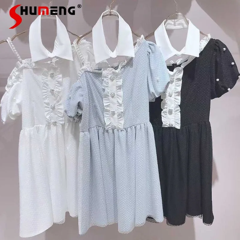 

2024 Summer New Lolita Japanese Style Shoulder Collar Detachable Design Sense Dress Women's Short Sleeves Slimming Y2k Vestidos