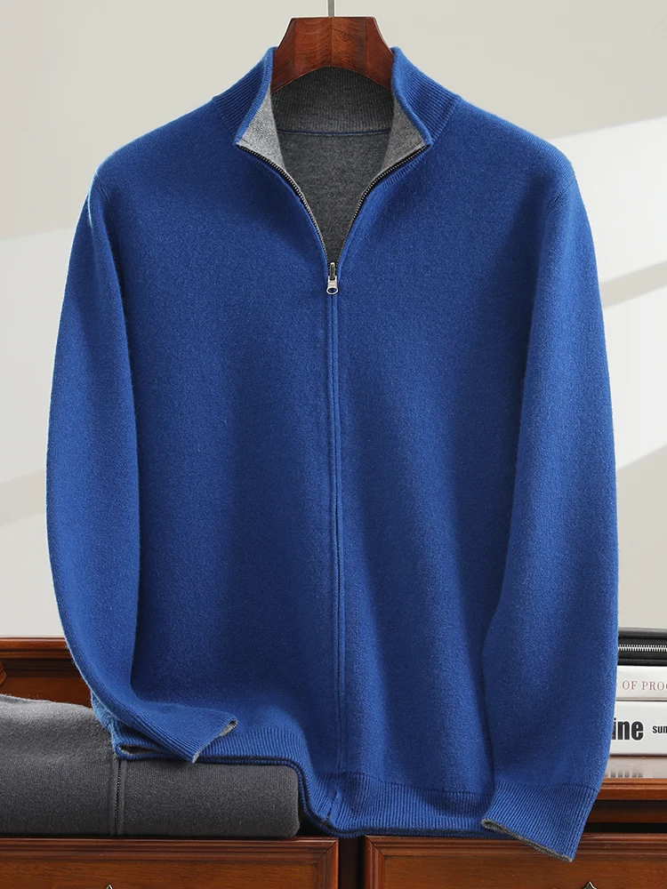 100% Merino Cashmere Men's Zipper Cardigan Stand Up Collar Casual Fashion Double-sided Autumn Winter Sweater
