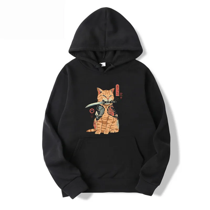 Street Japanese Personality Warrior Cat Print Men\'s And Women\'s Hooded Hoodie With Plush Sports Brand Hoody Coat