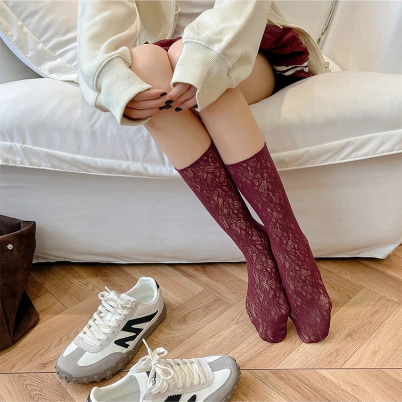 여성용 레이스 양말, 속이 빈 메쉬, 통기성, 루즈한 긴 양말, 한국 패션, 얇은 통기성, 하라주쿠, 빈티지 크루 양말, 여름